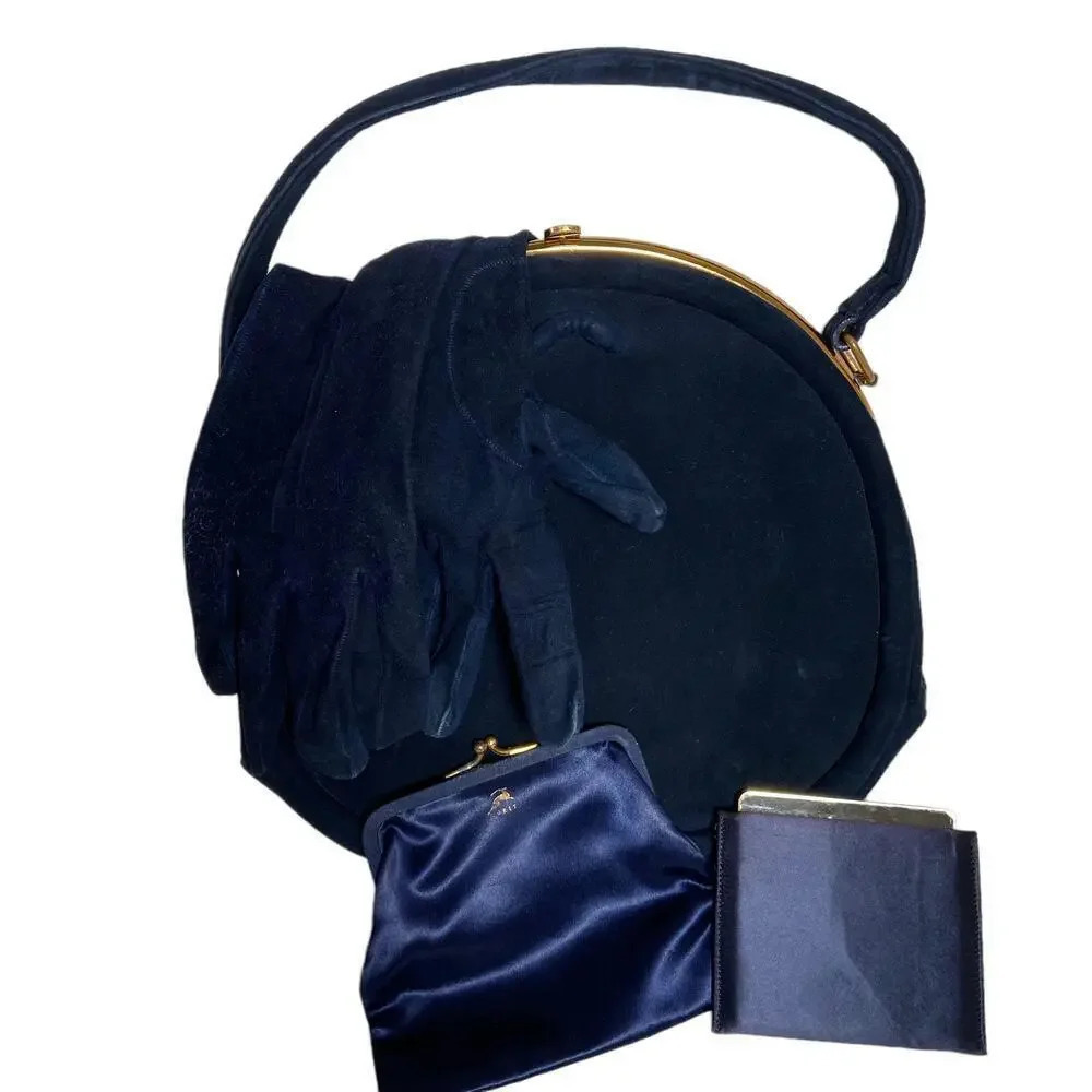Vintage Velvet Handbag KORET Calf Suede Clamshell Purse w Accessories